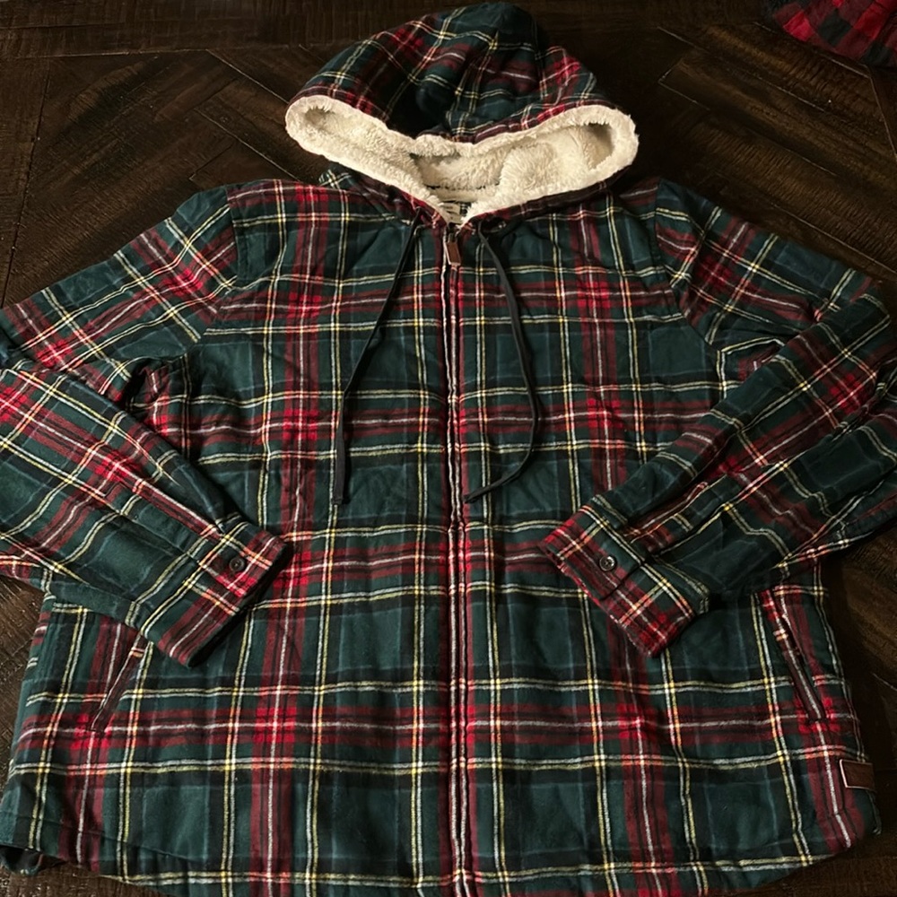 Red and green plaid print L.L. Bean princess Mary relaxed fit zipper hoodie
